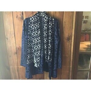 Gypsy Cardigan Sweater Size L Blue Geometric Color Block Chunky Pockets Boho